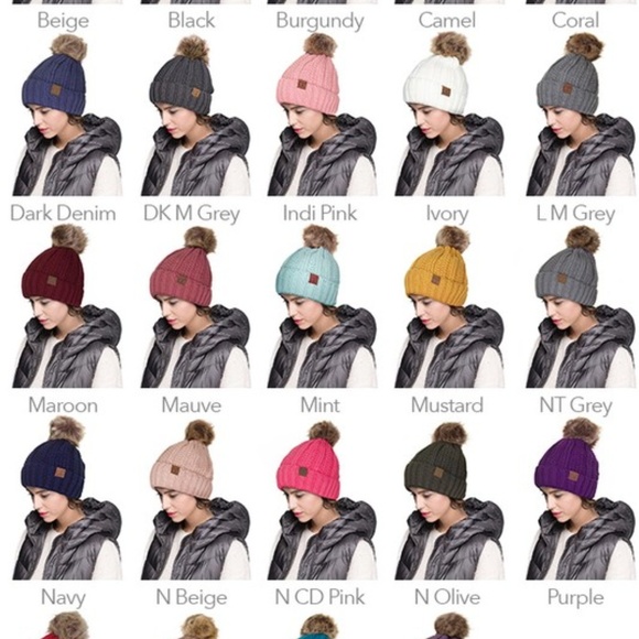 Beanie Fleece Lining Thick Pom Cable Knit Gray - Picture 3 of 3